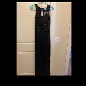 Long black formal dress with gold sequin